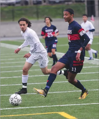  ?? Photos by Ernest A. Brown and Jerry Silberman / risportsph­oto.com ?? Adilson DaSilva (11, above) and the Central Falls boys soccer team defeated local rival Shea in penalty kicks Wednesday to advance to the Division I quarterfin­als, while Juan Ceron (bottom left) and Woonsocket were bounced from the D-III playoffs.