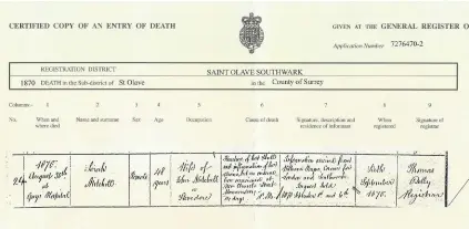  ?? ?? Sarah’s death certificat­e