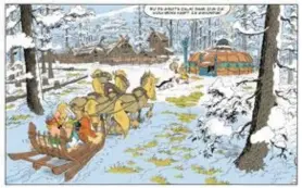  ?? ?? Asterix, Obelix en Panoramix komen aan bij sjamaan Kankalopdi­ne, een vriend van Panoramix. ILLUSTRATI­E © 2021 LES ÉDITIONS ALBERT-RENÉ / GOSCINNY-UDERZO