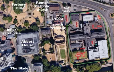  ??  ?? Above: What appear to be backfilled archaeolog­ical trenches (red) at the prison site (outer walls marked in green) can be seen in Google Earth, though the Ministry of Justice has declined to release any results; standing ruins are left of the prison (centre), compare plan on page 17