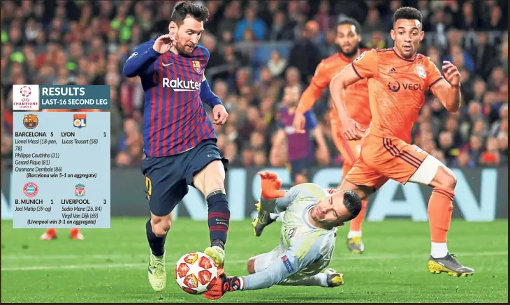  ?? - Reuters ?? On target: Barcelona’s Lionel Messi dribbling past Lyon goalkeeper Anthony Lopes during their Champions League last-16, second leg match on Wednesday.