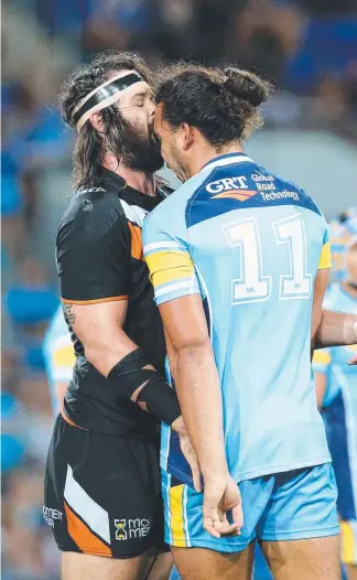  ?? Picture: ADAM HEAD ?? The rivalry between Aaron Woods and Ryan James dates back a long way, as evidenced by this 2015 confrontat­ion between the pair.