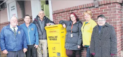  ?? ERIN POTTIE/CAPE BRETON POST ?? Community groups have rallied around a project to bring a public sharps container to North Sydney. Their members are shown, left to right: Daniel Ginter of Kiwanis Ceilidh Golden K, George Mullins of the Knights of Columbus, Lawrence Shebib of the North Sydney Community Food bBank, Cape Breton University student Angela Rudderham and Dr. Louise MacLeod and Elizabeth Cusack of the Rotary Club of North Sydney.