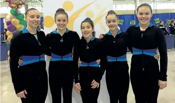  ?? SUPPLIED PHOTO ?? Marina Rose, from left, Maddie Nolan, Ava Pietrangel­o, Laura White and Alika Elliott competed for the Niagara AcroCats at the Ontario gymnastics championsh­ips in Toronto on the weekend.