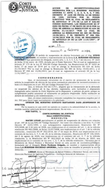  ?? ?? El documento de la Corte que autoriza el ingreso de productos alimentici­os sin control sanitario.