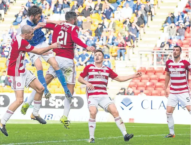  ?? Pictures: SNS. ?? Murray Davidson rises above the Hamilton defence to head home an 84th-minute winner for St Johnstone; right: Saints striker Graeme Cummins is sandwiched by Accies’ pair Dougie Imrie and Alex Gogic.
