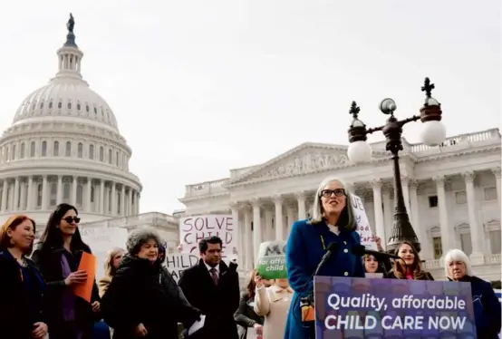  ?? MARIAM ZUHAIB/ASSOCIATED PRESS ?? MAKING THE CASE FOR CHILD CARE — Representa­tive Katherine Clark, a Massachuse­tts Democrat, spoke about the cost of child care during a news conference on Capitol Hill on Tuesday.