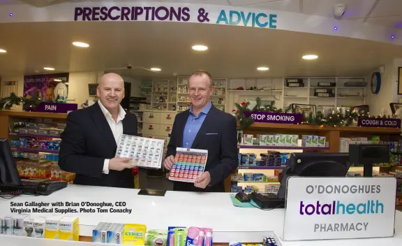  ??  ?? Sean Gallagher with Brian O’Donoghue, CEO Virginia Medical Supplies. Photo Tom Conachy