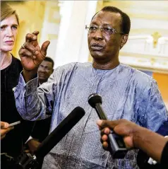  ?? AP 2016 ?? The military said Chadian President Idriss Deby Itno, shown taking questions from the media in 2016, had taken “the heroic lead in combat operations against terrorists who had come from Libya.” The account has not been verified.