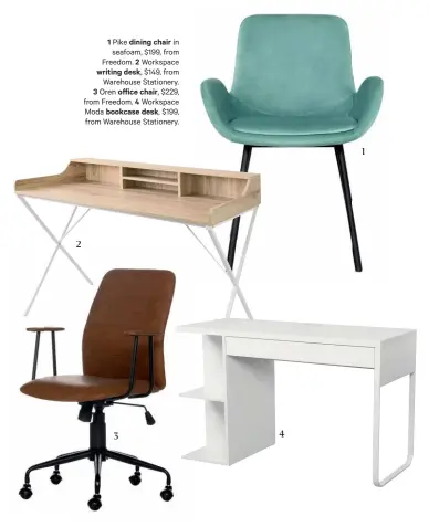  ??  ?? 1 Pike dining chair in seafoam, $199, from Freedom. 2 Workspace writing desk, $149, from Warehouse Stationery. 3 Oren office chair, $229, from nd Freedom. 4 Workspace Moda bookcase desk, $199, from Warehouse Stationery.