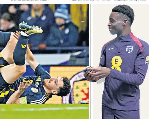  ?? ?? Taking a toll: John Stones (left) had to go off early against Belgium on Tuesday; Scotland captain Andy Robertson suffered an ankle injury in his side’s defeat by Northern Ireland (centre); and Bukayo Saka (right) returned to Arsenal without kicking a ball as a precaution