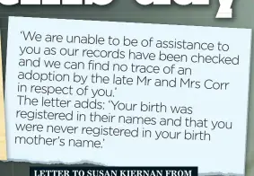  ??  ?? LETTER TO SUSAN KIERNAN FROM THE ADOPTION BOARD IN 1998