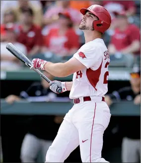  ?? NWA Democrat-Gazette/ANDY SHUPE ?? First baseman Chad Spanberger has provided the Arkansas Razorbacks with plenty of power at the plate this season. The junior from Granite City, Ill., is batting .314 with 6 doubles, 9 home runs and a team-leading 42 RBI going into this weekend’s series...