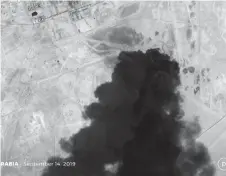  ??  ?? A satellite image shows an apparent drone strike on an Aramco oil facility in Abqaiq, Saudi Arabia September 14, 2019. Planet Labs Inc/Handout via REUTERS