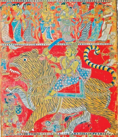  ??  ?? MARVELLOUS CREATION: One of Jagdish Mittal’s favourite pieces from his collection. A 30 ft long scroll paintng on cloth from Cheriyal, detail from a Markanedey­a and Bhavna Rishi legend, dated 1625