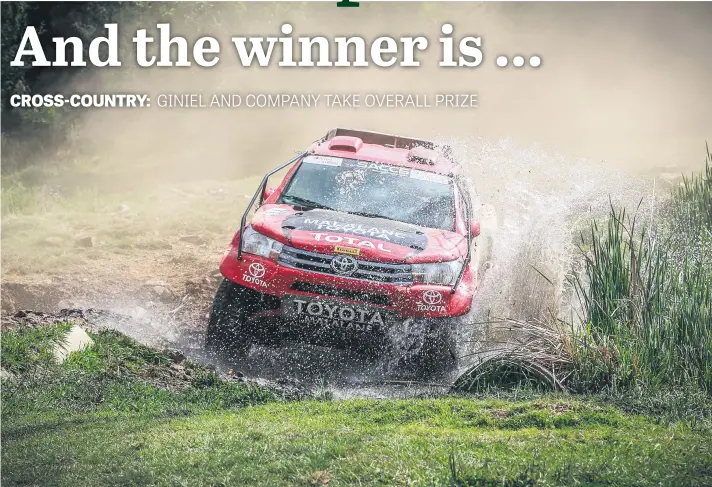  ?? Pictures: Nadia Jordaan ?? MAKING A SPLASH. Brothers Johan and Werner Horn (Malalane Toyota Hilux) clinched the Class T title of this season’s South African Cross Country Series on the weekend’s Atlas Copco Gold 400 race around the West Rand.