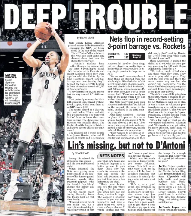  ??  ?? Guard Spencer Dinwiddie missed the only 3-pointer he attempted, as the Nets went 15-for44 from deep Sunday night.