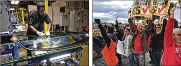  ?? TY GREENLEES / STAFF THOMAS GNAU / STAFF ?? Jarrod Givens aligns hardware to a windshield before it is pressed into place at Fuyao Glass America in 2016. United Auto Workers and supporters rallied outside Fuyao Glass America in Moraine in 2017.