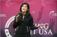  ?? ?? Former U.N. Ambassador Nikki Haley speaks during an event sponsored by Turning Point USA at Clemson University on Nov. 29, 2022, in Clemson, S.C.