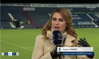  ??  ?? Karen Carney speaking during Amazon Prime Sport’s coverage of Leeds’s 5-0 win over West Brom, when she made comments that sparked a backlash. Photograph: Amazon Prime Video