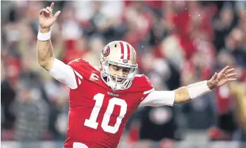  ??  ?? Quarterbac­k Jimmy Garoppolo of the 49ers reacts during the game against the Packers.