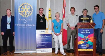  ??  ?? Members of the Rotary Club of Cambridge Sunrise meet for breakfast every Friday morning. From left to right: Larry Hartman, Scott Hebert, Sandra Marrier, Rob Koudros, Mike Lawrie and John Luna.