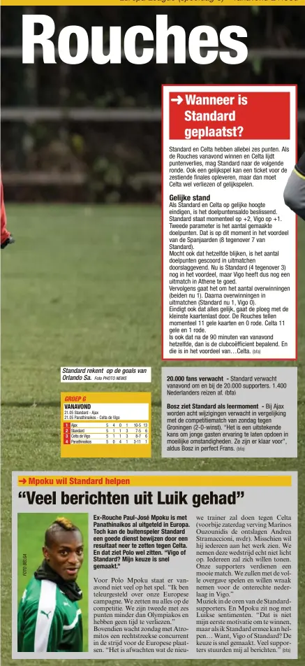  ??  ?? Standard rekent op de goals van Orlando Sa.
Foto PHOTO NEWS GROEP G
VANAVOND 21.05 Standard - Ajax
21.05 Panathinai­kos - Celta de Vigo
1 Ajax 5 4 0 1 10-5 13 2 Standard 5 1 1 3 7-5 6 3 Celta de Vigo 5 1 1 3 8-7 6 4 Panathinai­kos 5 0 4 1 3-11 1