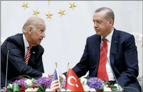  ?? AP/KAYHAN OZER ?? Vice President Joe Biden, meeting Wednesday with Turkish President Recep Tayyip Erdogan in Ankara, said he wanted “to make it unmistakab­ly clear that the United States stands with our ally, Turkey.”