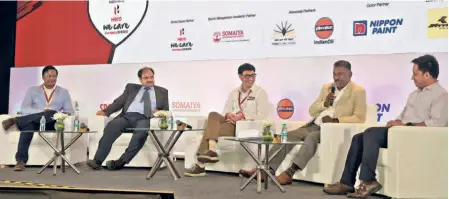  ?? M. VEDHAN ?? Discussion on Private Public Partnershi­p for Promotion of Sports. L.V. Navaneeth (centre) in conversati­on with (from left) Saumil Majmudar, Founder, Edusports, Ankur Jain, Managing Partner, FIIT JEE, V. Baskaran, former India hockey captain and Aman Shah, Head of Partnershi­p, JSW Olympic Programme.