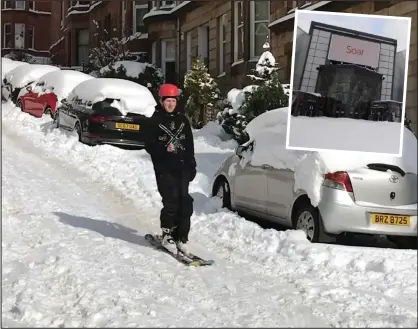  ?? MAIN PICTURE: STEWART ROBERTSON ?? This skier took to the road as he hurled down Gardner Street on his skis, while, inset, Snow Factor at Intu Soar was closed