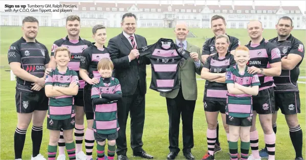  ??  ?? Sign us up Turnberry GM, Ralph Porciani, with Ayr C. O. O, Glen Tippett, and players