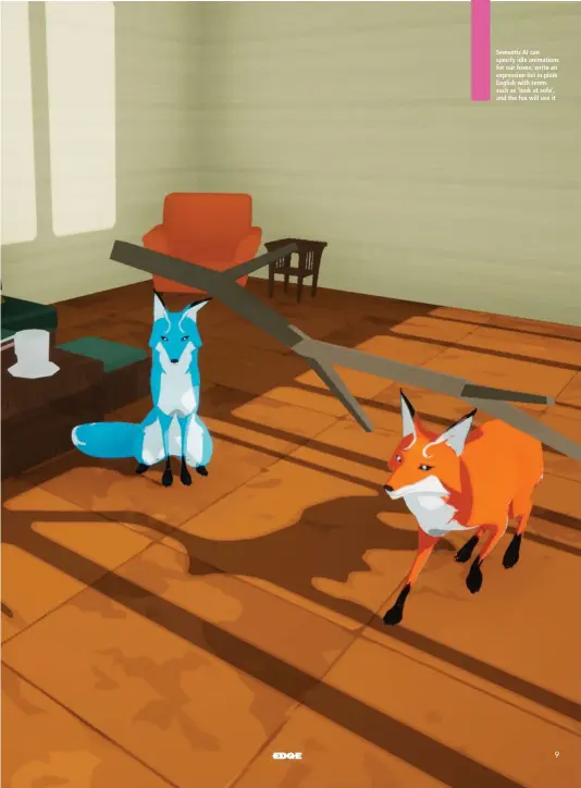  ??  ?? Semantic AI can specify idle animations for our foxes; write an expression list in plain English with terms such as ‘look at sofa’, and the fox will use it