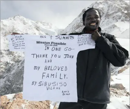  ?? PICTURE: STEVE HOWE ?? THE FIRST: Sibusiso Vilane after summitting the 6 194m-high Mount McKinley (Denali), in Alaska, becoming the first black man to climb the highest peaks of all the seven continents.