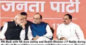  ??  ?? PM Modi with FM Arun Jaitley and Health Minister J P Nadda during the Diwali Mangal Milan programme at BJP headquarte­rs on Thursday