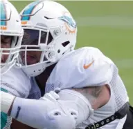  ?? Lynne Sladky, AP) (Photo by ?? Miami Dolphins center Mike Pouncey, right, goes through a drill against guard Jamil Douglas.