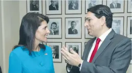  ?? (Shahar Azran) ?? US AMBASSADOR to the UN Nikki Haley and Israeli Ambassador to the UN Danny Danon speak during an anti-BDS conference earlier this year at the UN.