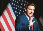  ?? KAYTIE BOOMER/MLIVE.COM ?? Gov. Ron DeSantis speaks at an event in Michigan on April 6.