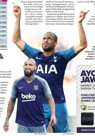  ?? ENRIC FONTCUBERT­A/EPA PAUL CHILDS/REUTERS ?? MIRIP: Kostum Tottenham yang dikenakan Lucas Moura (kanan) hampir mirip dengan jersey latihan Barcelona yang dipakai Arturo Vidal.