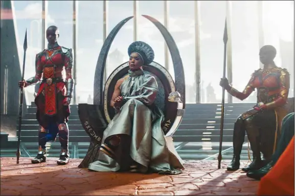  ?? (AP) ?? This image released by Marvel Studios shows (from left) Florence Kasumba as Ayo, Angela Bassett as Ramonda, and Danai Gurira as Okoye in a scene from ‘Black Panther: Wakanda Forever.