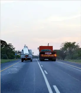  ??  ?? A haulage truck overtakes on a blind rise along the Gweru-Bulawayo highway recently. According to the 2016 Road Traffic Collision Statistics, the newly-refurbishe­d highway had the highest number of accidents