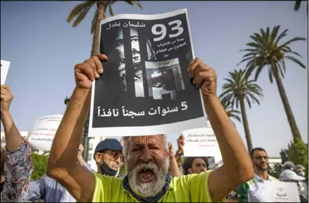  ??  ?? ناشط مغربي يحمل لافتة عليها صورة الصحافي سليمان الريسوني المحكوم عليه بالسجن خمس سنوات