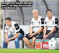  ??  ?? Im August 2012 kassiert Uwe Neuhaus (l.) mit Union eine 0:2-Pleite in Sandhausen.