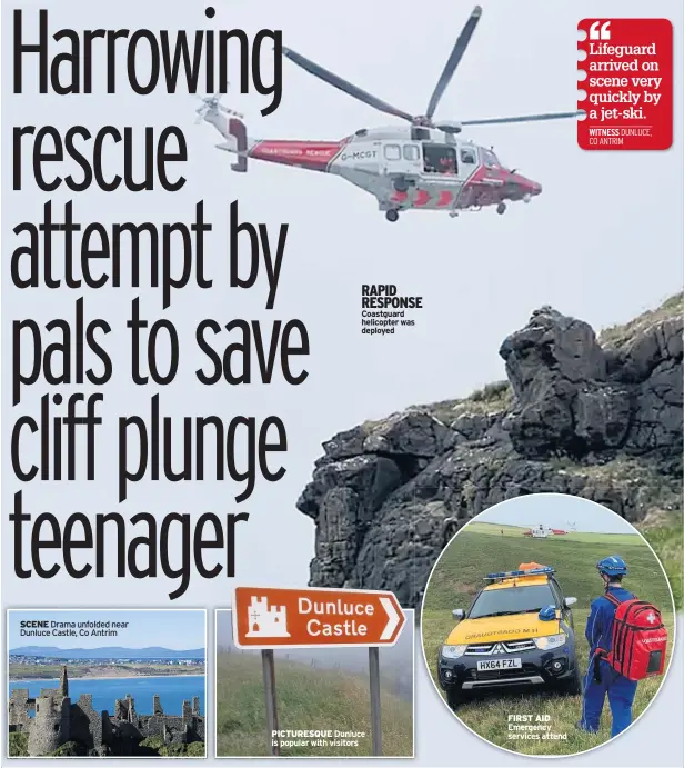  ??  ?? SCENE Drama unfolded near Dunluce Castle, Co Antrim
RAPID RESPONSE Coastguard helicopter was deployed
PICTURESQU­E Dunluce is popular with visitors
FIRST AID Emergency services attend