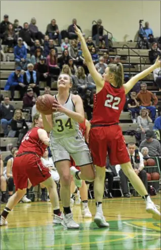  ?? STAN HUDY - SHUDY@ DIGITALFIR­STMEDIA. COM ?? Averill Park’s Kelsey Wood goes up for a shot, defended by Jamesville- DeWitt’s Jamie Boeheim Saturday afternoon at Hudson Valley Community College during the NYSPHSAA Class A regional.