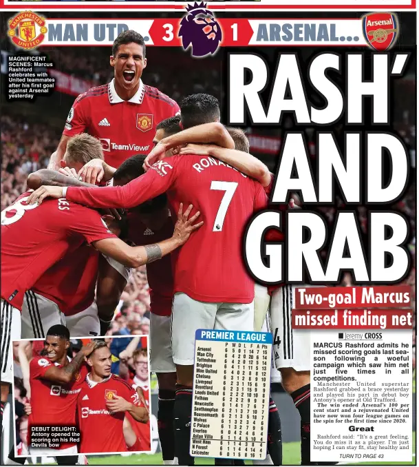  ?? ?? MAGNIFICEN­T SCENES: Marcus Rashford celebrates with United teammates after his first goal against Arsenal yesterday
DEBUT DELIGHT: Antony opened the scoring on his Red Devils bow