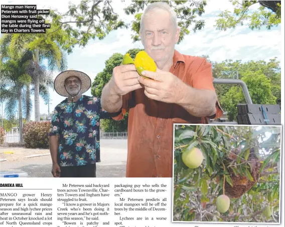  ?? ?? Mango man Henry Petersen with fruit picker Dion Henaway said mangos were flying off the table during their first day in Charters Towers.