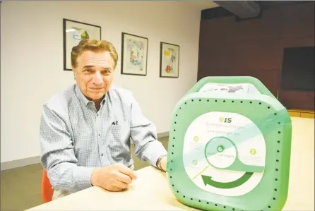 ?? Alexander Soule / Hearst Connecticu­t Media ?? Richard Imbruce in the Stamford office of Rapid Oxygen, whose R15 device is designed to produce oxygen for first aid to people in the midst of strokes or other medical emergencie­s.