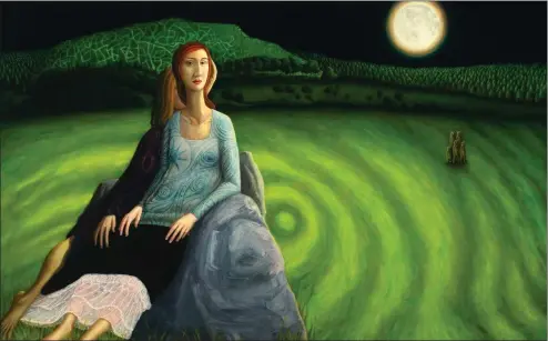  ??  ?? Above: Helen Flockhart, Weep Not My Sister, 2019, Oil on linen; right: Stag Jump, 2020, Oil on panel Below: Labyrinth, 2020, oil on linen