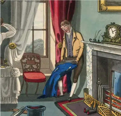  ??  ?? A young gentleman examines himself in a mirror while his valet sees to his coat, c1823