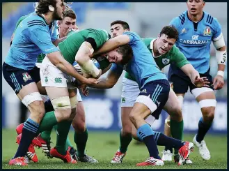  ??  ?? BREAKING THROUGH: Devin Toner (main) is tackled by Matias Aguero as Peter O’Mahony (above) is bottled up by Joshua Forno and Edoardo Gori in Rome